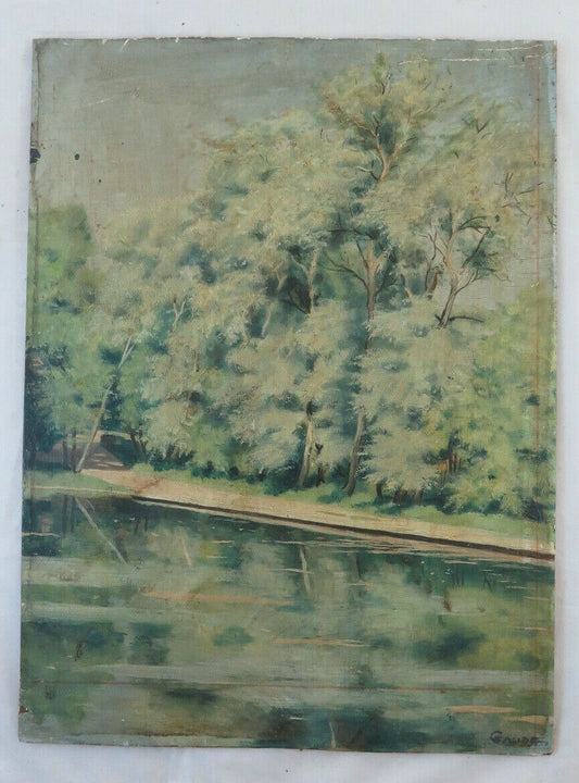 QUADRO ANTICO PAESAGGIO FLUVIALE FIRMATO GAUDE PIEMONTE INIZIO SECOLO BM43