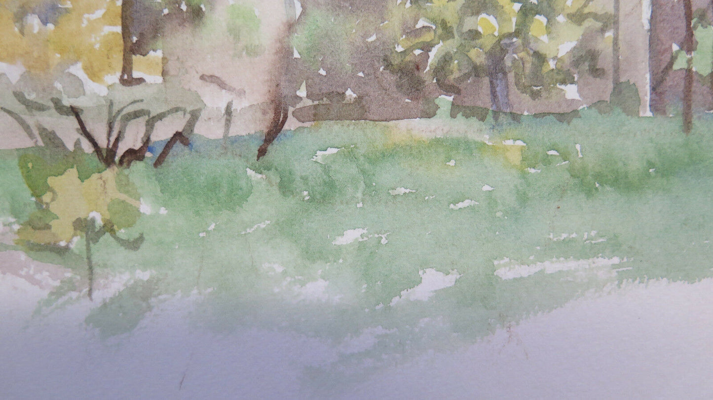 PICCOLO DIPINTO CIRCOLARE ACQUERELLO SU CARTA PAESAGGIO DI CAMPAGNA VINTAGE P31