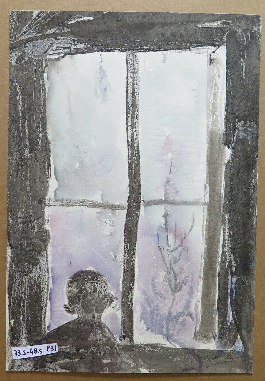 QUADRO VINTAGE DIPINTO ACQUERELLO PAESAGGIO INVERNALE DALLA FINESTRA FIRMATO P31