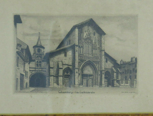 STAMPA ANTICA VEDUTA CHIESA CATTEDRALE DI CHAMBERY FRANCIA SAVOIA ALPI BM41