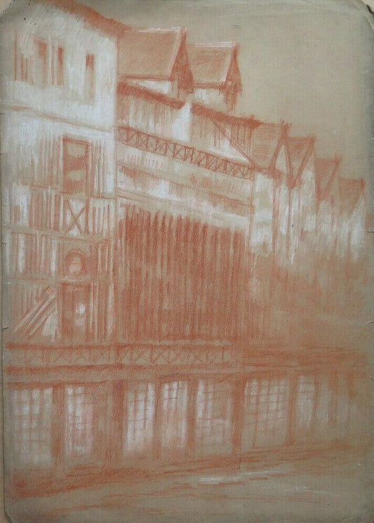 ANTICO DISEGNO SANGUIGNA VEDUTA CITTADINA FRANCESE Pierre Duteurtre DUT BM53.1 - Belbello Antiques