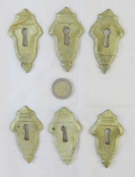 6 BOCCHETTE PER MOBILI ANTICHI BRONZO BORCHIE COPRI SERRATURA ANTICO ARTE CH28