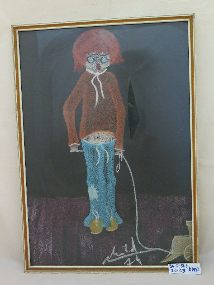 MODERN PAINTING SIGNED CHALK ON PAPER PORTRAIT OF A VINTAGE CHILD FROM THE 70S BM51 