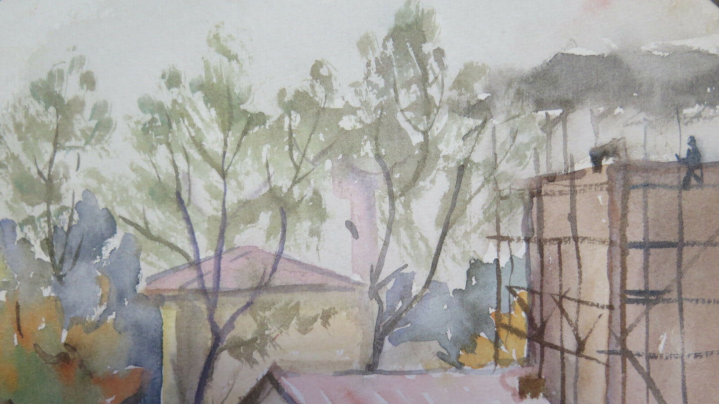 PICCOLO DIPINTO CIRCOLARE ACQUERELLO SU CARTA PAESAGGIO DI CAMPAGNA VINTAGE P31