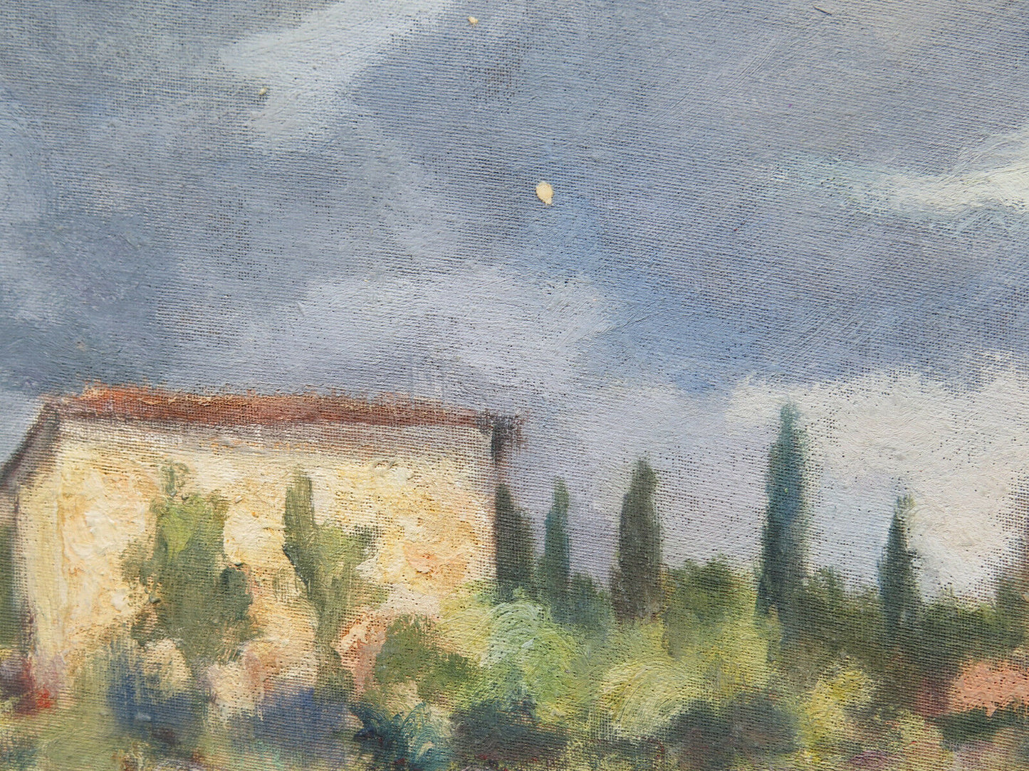 52x40 cm QUADRO AD OLIO DIPINTO SU TAVOLA PAESAGGIO CIELO NUVOLE TEMPORALE P21