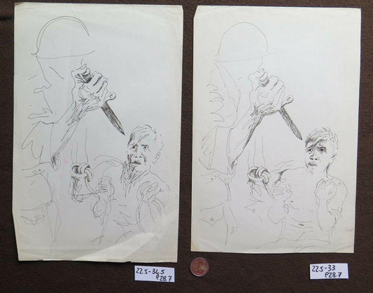 2 BOZZETTI DISEGNI D'AUTORE TEMA BELLICO GUERRA VIETNAM IL PRIGIONIERO P28.7 - Belbello Antiques