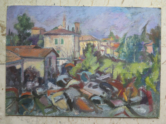 QUADRO ANTICO DIPINTO AD OLIO SU TAVOLA PAESAGGIO CON CERTIFICATO GARANZIA p12