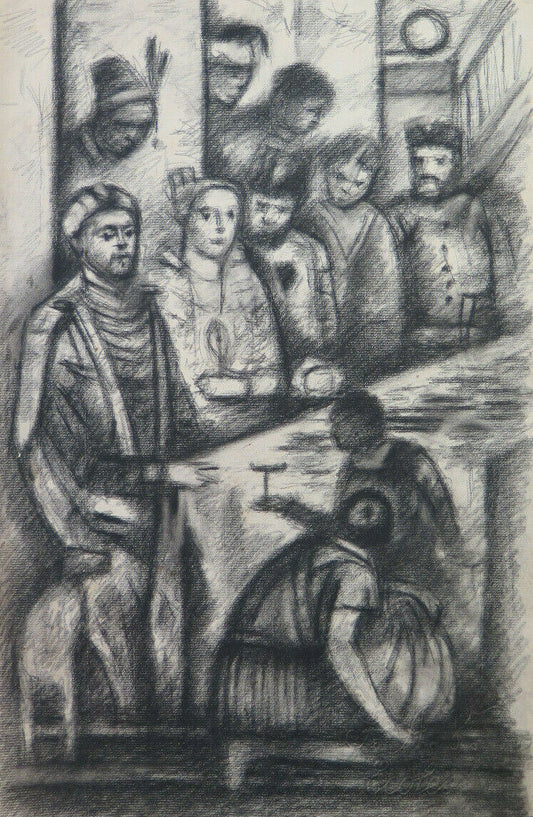 31x48 cm ANTIQUE CHARCOAL DRAWING BIBLICAL SCENE Pierre Duteurtre DUT BM53.1