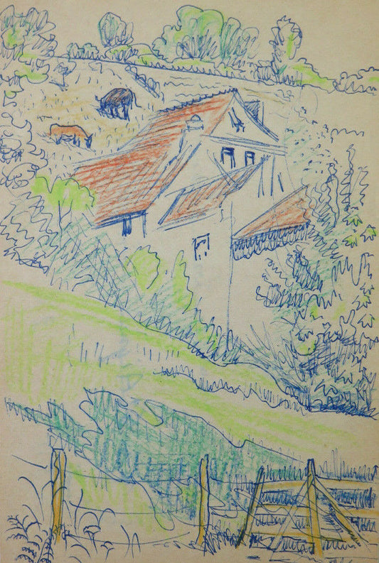 OLD VINTAGE LANDSCAPE DRAWING Mende Saint Geniez FRANCE 1960s BM53.2
