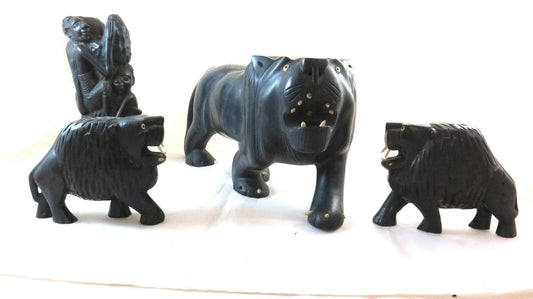 4 AFRICAN SCULPTURES ON WOOD LIONS CHARACTER ART AFRICA BLACK LION BM28 