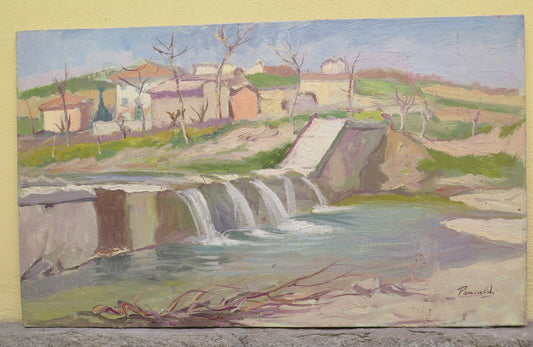 ANTIQUE OIL PAINTING ON TABLE LANDSCAPE COUNTRYSIDE VIEW SIGNED p2