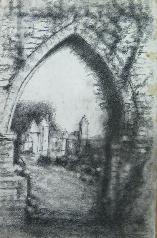 ANCIENT CHARCOAL DRAWING Pierre Eugène Duteurtre DUT VIEW OF THE CASTLE BM53.1 