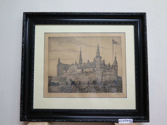 ANTICA INCISIONE CORNICE AXEL HOLM DANIMARCA Frederiksborg Castle Hillerød R97