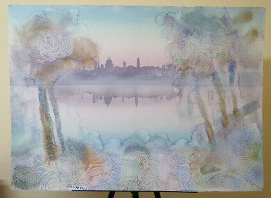97x70 cm PAINTING MIXED TECHNIQUE VINTAGE LANDSCAPE VIEW OF MANTOVA P33.4