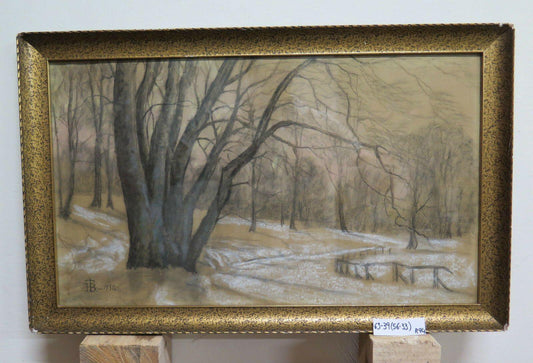 PAESAGGIO DELLA DANIMARCA IN INVERNO QUADRO ANTICO CARBONCINO SU CARTA 1930 R94 - Belbello Antiques
