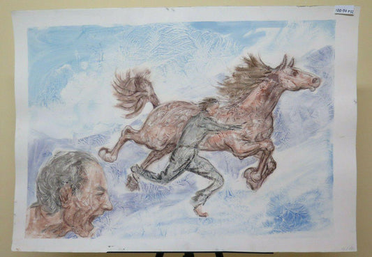 100x70 cm QUADRO VINTAGE EQUESTRE CAVALLO DIPINTO TECNICA MISTA AUTORITRATTO P32 - Belbello Antiques