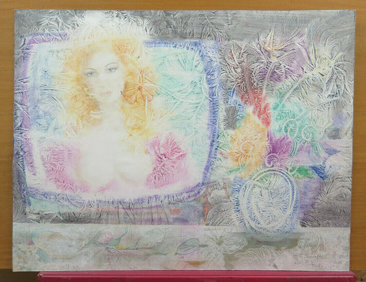 DIPINTO VINTAGE AD ACQUERELLO RITRATTO FEMMINILE DONNA IN TV QUADRO FIRMATO PS