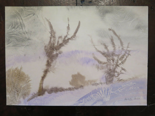 QUADRO VINTAGE DIPINTO TECNICA DEL GELO PAESAGGIO MONTAGNA FIRMATO 44x31 cm P14