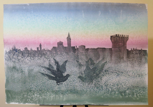 MODERN PAINTING MIXED TECHNIQUE VIEW OF PIUMAZZO DI CASTELFRANCO EMILIA P33.1