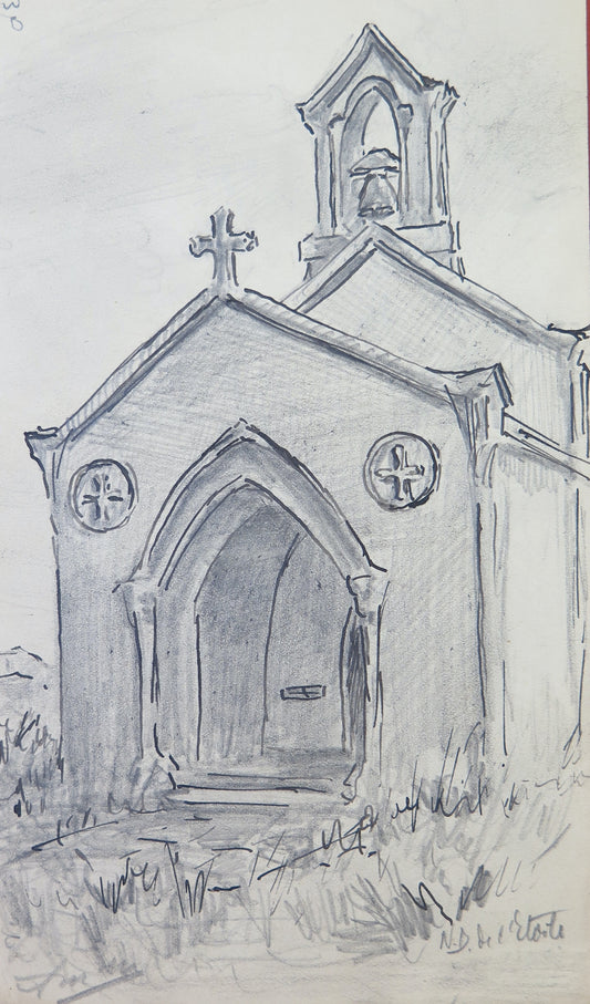 VIEW OF A COUNTRY CHURCH ANTIQUE DRAWING PEN PENCIL ON PAPER BM53.5E