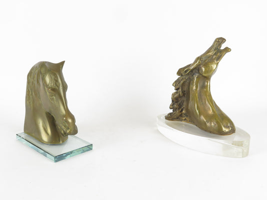 TWO OLD BRONZE STATUINS HORSE HEAD EQUESTRIAN RIDING PAPERWEIGHT VN7