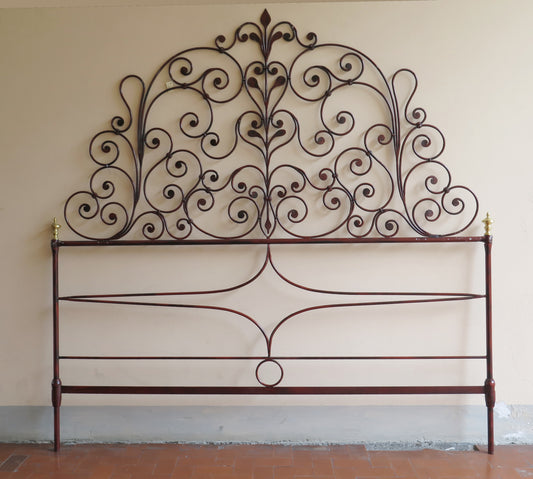 TESTIERA TESTATA DA LETTO MATRIMONIALE IN FERRO BATTUTO A CODA PAVONE VINTAGE 27 - Belbello Antiques