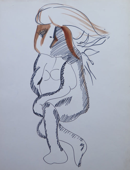 VINTAGE ACRYLIC PAINTING ON PAPER 70'S NUDE CUBIST STYLE FIGURES BM53.4