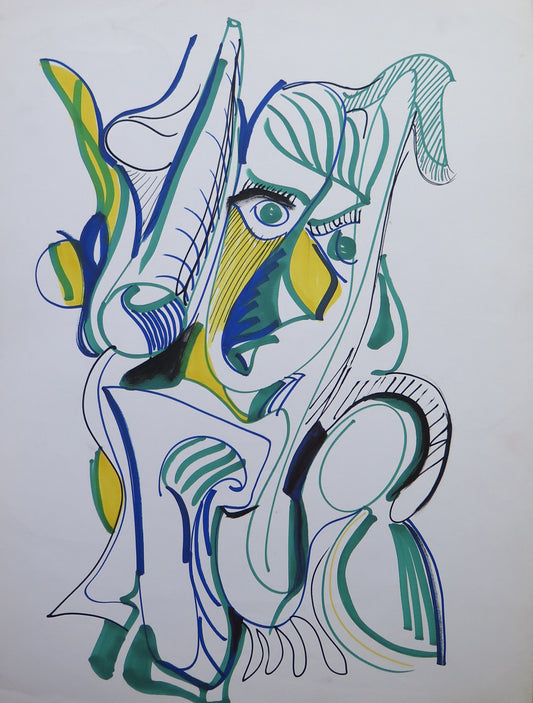 OLD VINTAGE ACRYLIC PAINTING ON PAPER 1970s ABSTRACT IN CUBIST STYLE NUDE BM53.4