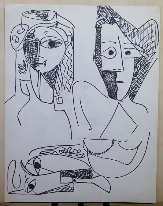 VINTAGE ACRYLIC PAINTING ON PAPER 70'S NUDE CUBIST STYLE FIGURES BLACK AND WHITEBM53.4