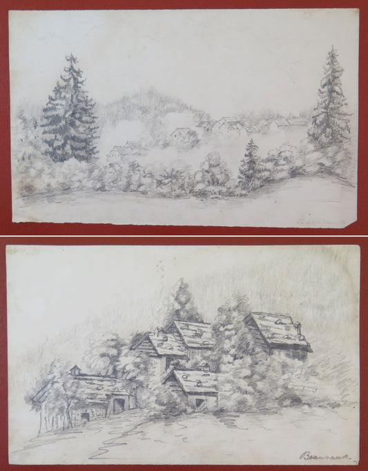 TWO ANTIQUE DRAWINGS MOUNTAIN LANDSCAPE ALPS FRANCE BEAUVANT BM53.5b