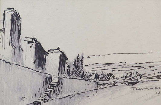 ANTIQUE DRAWING VIEW SIGNED TROUVASIER DATED 27 FRANCE EUROPE BM53.5C