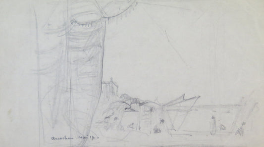 ANTIQUE LANDSCAPE DRAWING ARCACHON FRANCE MARINA BEACH SEA SAND BM53.5C