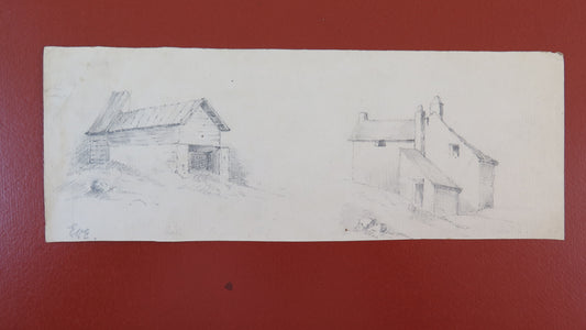 ANTIQUE DRAWING PENCIL ON PAPER SIGNED HOUSES BUILDINGS COUNTRYSIDE FRANCE BM53.5F