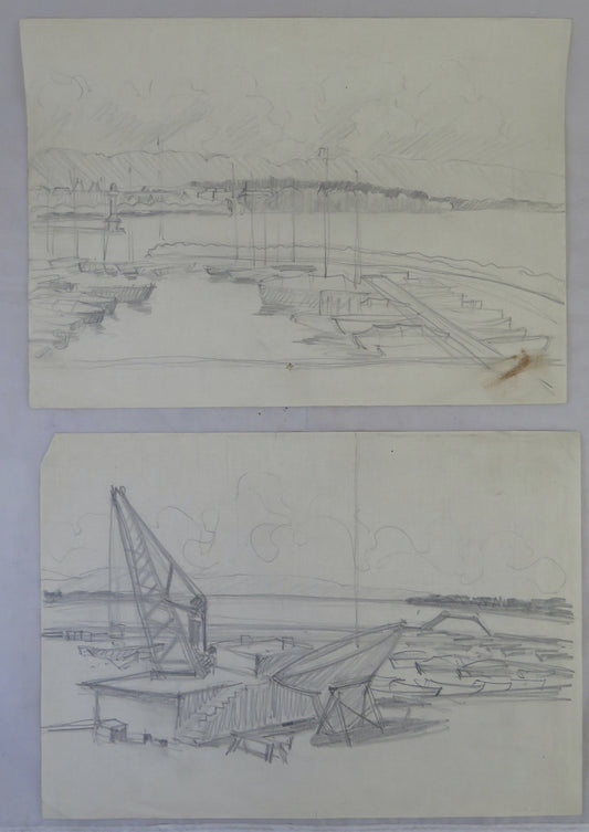 2 ANTICHI DISEGNI PAESAGGIO MARE PORTO BARCHE VEDUTA MATITA FRANCIA ARTE BM53.5F