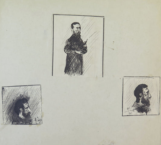 THREE ANTIQUE PORTRAIT DRAWINGS OF MAN WITH BEARD PEN PAPER SIGNED DATED BM53.5F