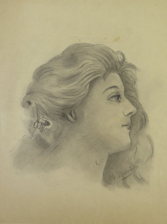 ANTIQUE DRAWING PORTRAIT OF A YOUNG WOMAN SIGNED PENCIL ON PAPER '900 BM53.5F
