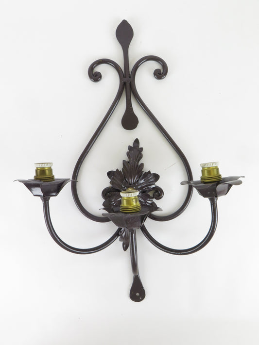 OLD WALL LIGHT IN HAND FORGED WROUGHT IRON WITH THREE FLAMES WALL LIGHT CH39